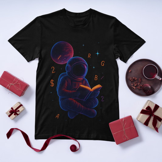 Astronaut With Book Unisex Classic Crew T-Shirt - Black