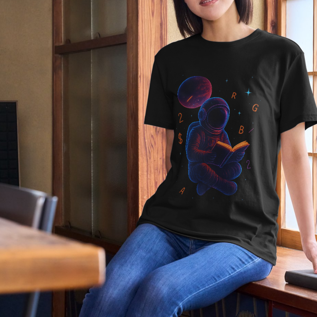 Astronaut With Book Unisex Classic Crew T-Shirt - Black